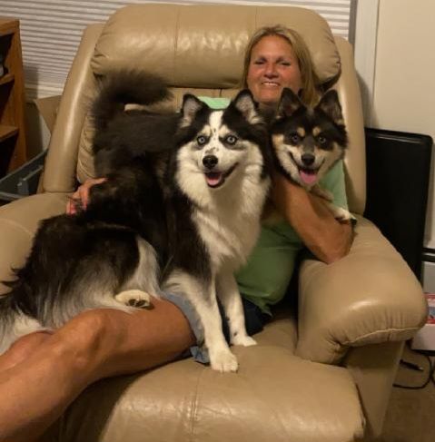 A woman sitting in an arm chair with two dogs.